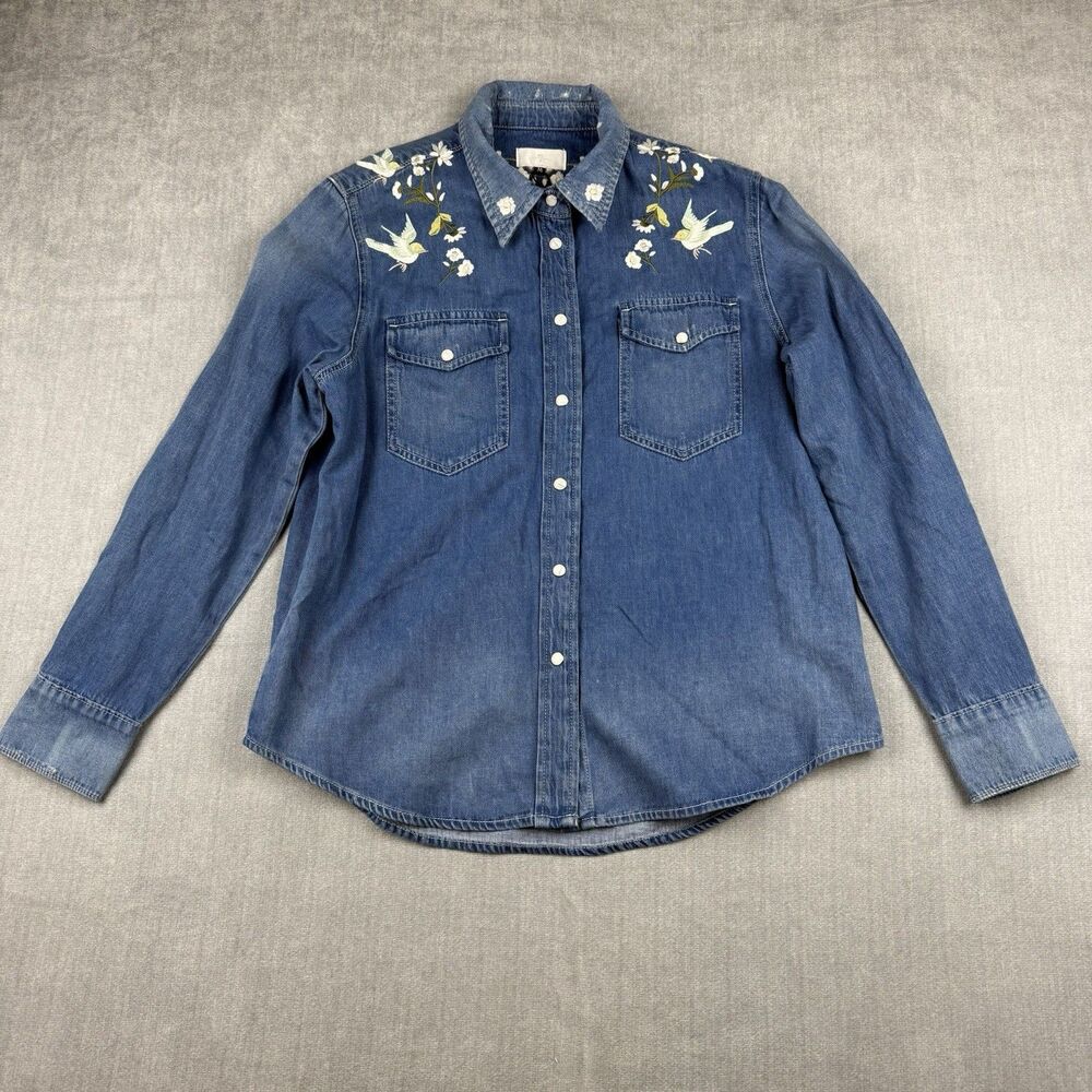 7 For All Mankind Western Denim Shirt Size Medium Blue Pearl Snap Cotton Hemp